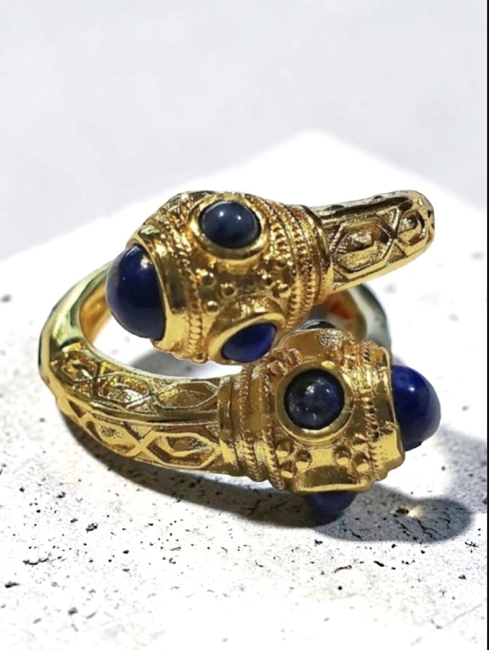 18k Gold Plated Byzantine Revival Filigree Lapis Lazuli Bypass Ring